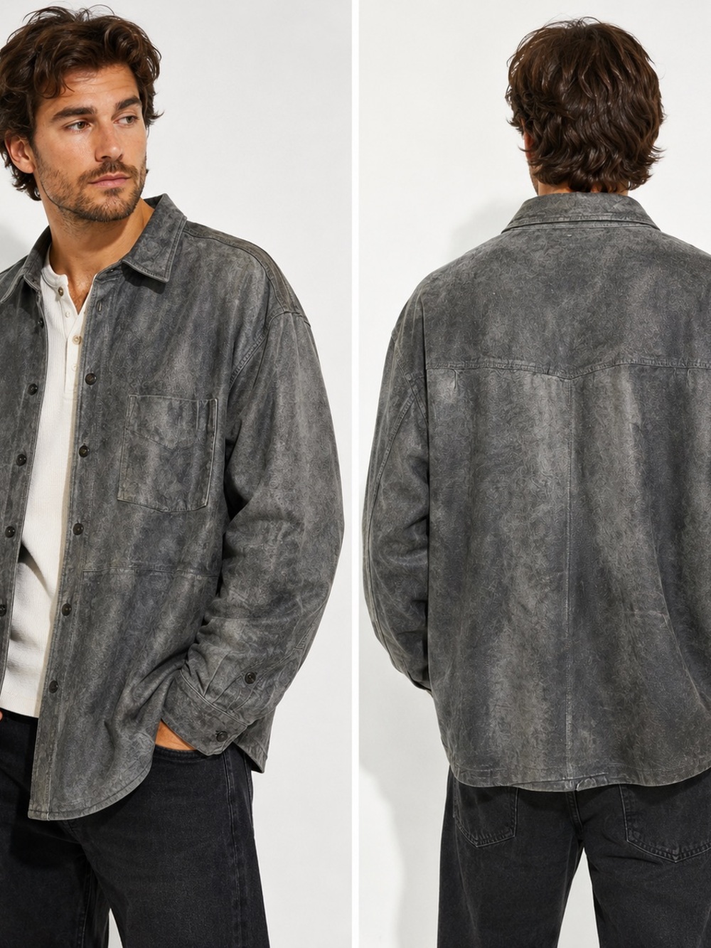 Baracuta Charcoal gray 100% leather button front Overshirt jacket men’s XXL